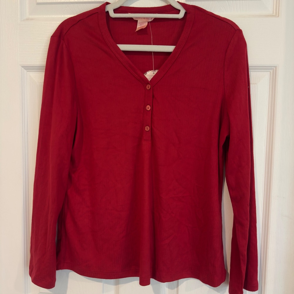 Power 2 The Flower Red Ribbed Henley Long Sleeve V-Neck Top Small NWT